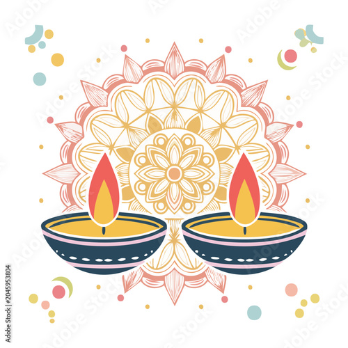 Diwali lamps and mandala illustration