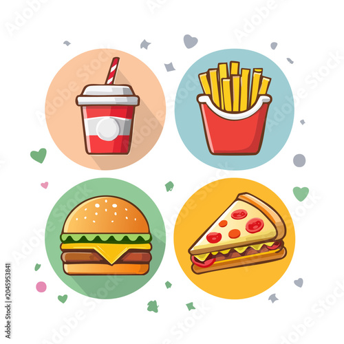 Flat design icons of burger, pizza, fries, and drink