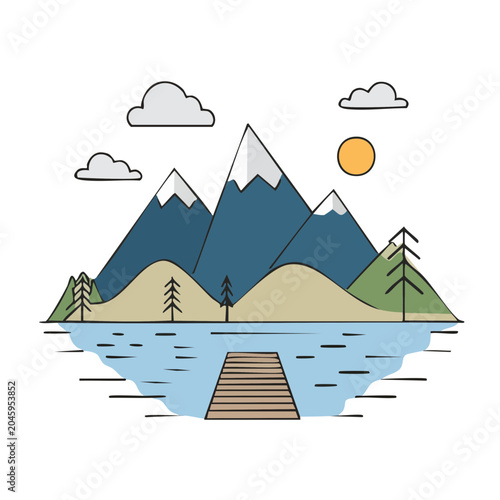 Flat design mountain lake landscape with dock and sun