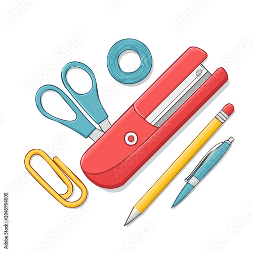 Red stapler, scissors, pencil, pen, paperclip and tape dispenser