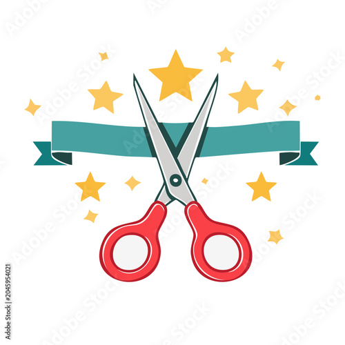 Scissors cutting a ribbon with stars for a grand opening
