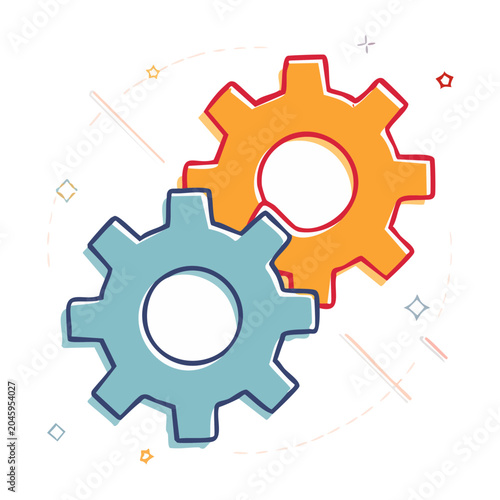 Two interlocking gears, blue and orange, flat design