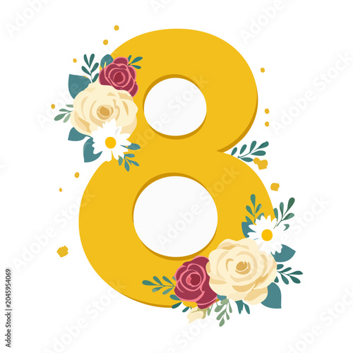 Yellow Number 8 Decorated with Flowers