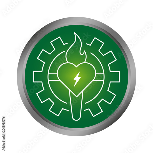 Schilderij op canvas Green industry gear button features burning torch vector shape