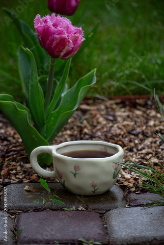 A cup of aromatic coffee in the garden against the background of tulips