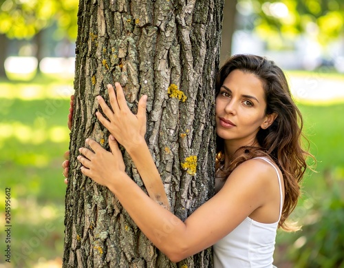 Woman embraces a textured tree trunk in sun-dappled park, posing
