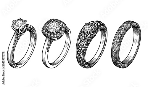 Schilderij op canvas Vintage Engagement Rings Set Women’s Wedding Jewelry Hand Drawn Engraved Gold Il