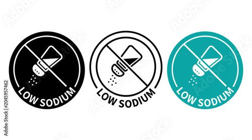 Low Sodium Round Badge Icon Set Outline Solid and Color Styles for Healthy Food Packaging