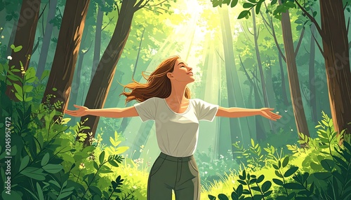 Woman embraces sunlight in a lush forest, arms outstretched, smiling with serene joy