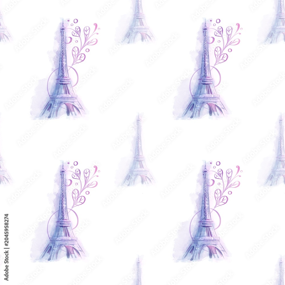 Fototapeta premium Artistic seamless Paris pattern with watercolor Eiffel Tower, flowers and elegant decorative details. Romantic French wallpaper style