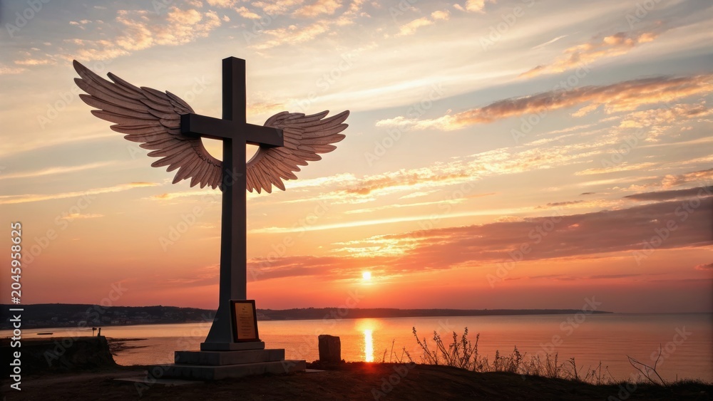Naklejka premium Sunset over a waterfront with a large cross sculpture featuring angel wings, creating a serene and spiritual atmosphere.