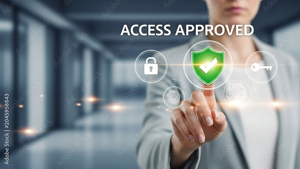 Fototapeta premium Access Approved with a business person touching a digital security shield for the concept of cybersecurity and data protection.