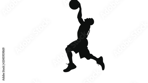 Basketball player performs a dynamic slam dunk maneuver in a high-contrast black silhouette isolated against a clean white background, showcasing athletic movement and peak performance energy.