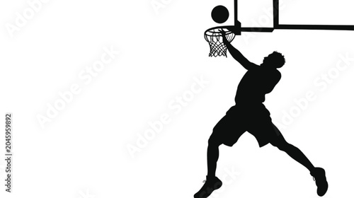 Basketball player silhouette reaches up toward the hoop to perform a powerful dunk, utilizing the vast white background for effective text placement in a professional sports design project.