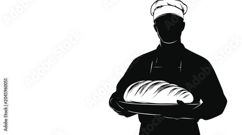 Baker silhouette presents a freshly baked loaf of sourdough bread while wearing a traditional chef hat and apron to highlight the artisanal craftsmanship and warm, rustic textures of professional.
