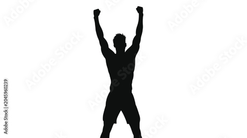 Bodybuilder silhouette raises both fists in a triumphant gesture of victory against a clean white backdrop that highlights the sharp muscular definition and the intense energy of a champion athlete.