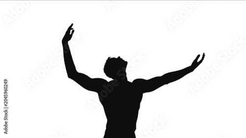 Athlete silhouette stands with arms outstretched against a stark white background to symbolize total freedom and spiritual awakening through a dramatic monochromatic visual expression of pure human.
