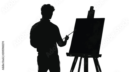 Artist silhouette stands before a wooden easel to paint a masterpiece, capturing the creative essence of fine arts through a bold monochromatic depiction that offers ample space for branding text.