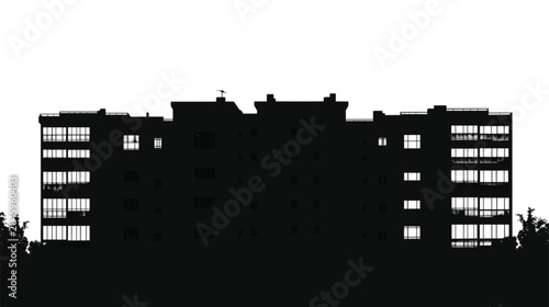 Apartment building facade appears as a bold black silhouette featuring repetitive window patterns and architectural textures, offering a clean graphic for urban planning and real estate marketing.