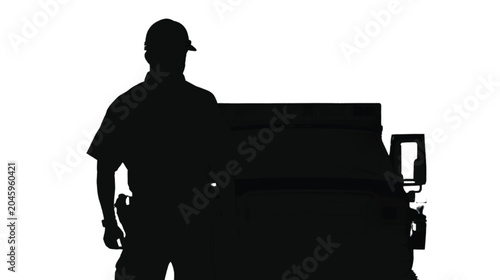 Construction worker stands as a dark silhouette against a bright white background, showcasing smooth textures and sharp edges suitable for professional architectural design projects and presentation.