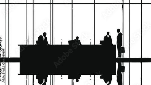Receptionists and clients stand in a modern glass-walled lobby where the dark silhouettes reflect against the polished floor to create a sleek and professional corporate atmosphere.