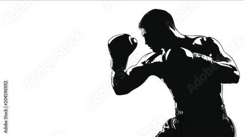 Boxer embodies intense physical power through a sharp silhouette that captures the raw texture and dramatic contrast of a stylized fighting pose set against a clean white surface for visual impact.