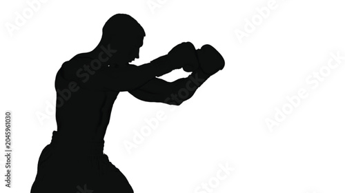 Boxer prepares to strike with a powerful punch while wearing dark leather gloves and maintaining a focused profile silhouette against a bright white background ideal for modern graphic layouts.