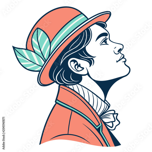 Dapper Steampunk Enthusiast Vector Illustration - Whimsical Flat Art with Coral, Mint, and Blue Accents