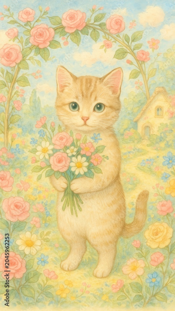 Naklejka premium Charming kitten in floral paradise