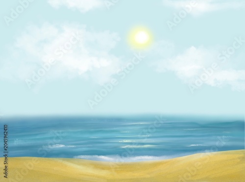 Sunny Beach Seascape with Ocean Waves and Golden Sand Digital Painting. Beach landscape with golden sand, calm ocean waves and bright sunshineperfect for summer themes, travel designs.