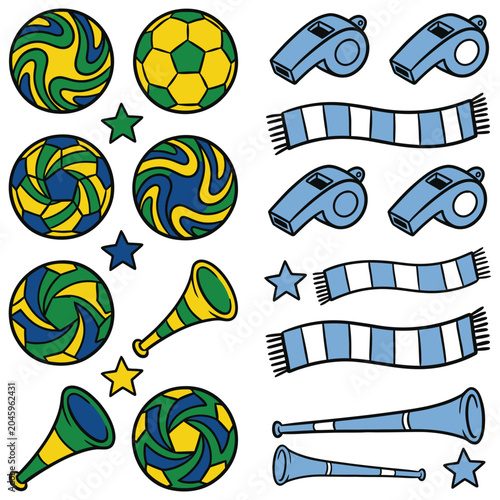 Set of hand drawn soccer fan graphic elements with Brazil and Argentina colors, flat vector doodle collection