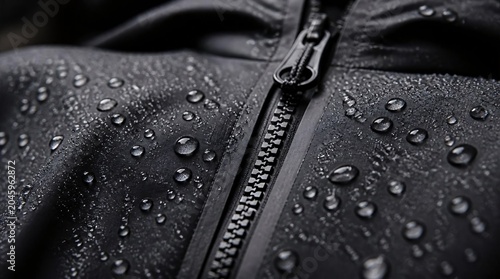 Close up of water droplets on the surface of a black waterproof jacket.