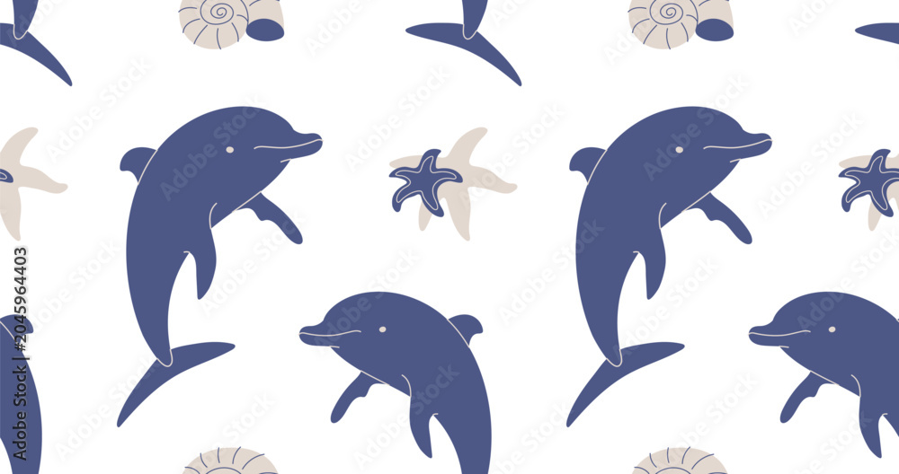 Naklejka premium Ocean seamless pattern with dolphins, shells and starfish. Marine life background