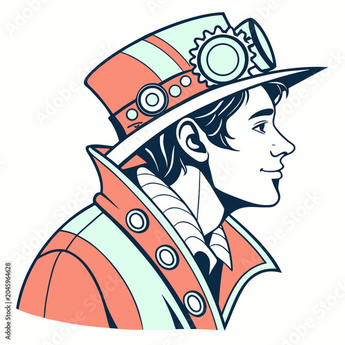 Whimsical Steampunk Enthusiast Vector Illustration: Dapper Character with Coral, Mint, and Blue Accents