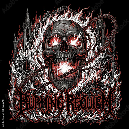 Bild auf Leinwand Skull engulfed in flames with gothic architecture and chains.