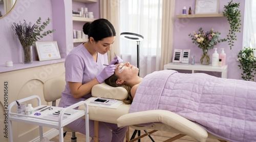 Female beautician in purple scrubs performs facial treatment on client lying on treatment bed in modern spa with soft lighting and decorative plants