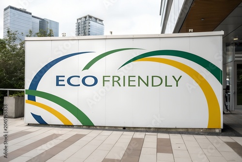 Eco friendly sign with colorful arcs on building