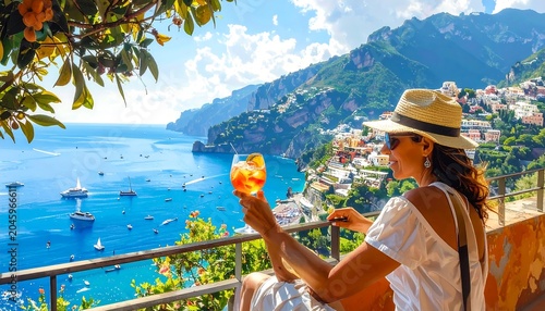 Woman enjoys drink on a balcony overlooking turquoise sea, mountains, and a coastal town in warm, sunny weather