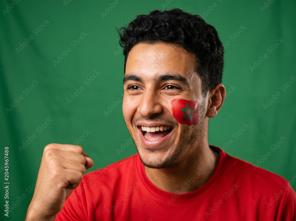 Obraz premium Moroccan Fan Cheering with Face Paint and Red Shirt