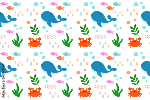 Sea animals seamless pattern with whale crab fish underwater under the sea wildlife cartoon vector background design for kids children school