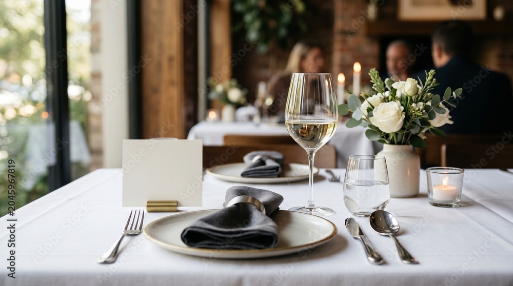 Fototapeta premium Fine dining setup with wine glass and flowers at a restaurant during dinner time