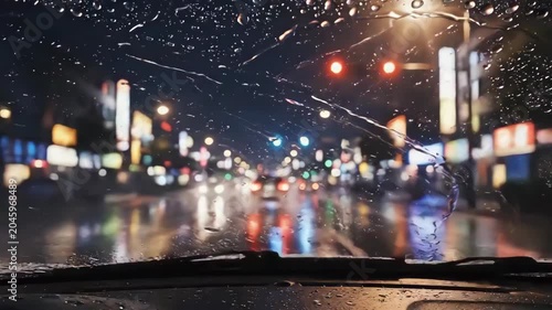 Rainy night city drive through a car windshield with blurred street lights and traffic.