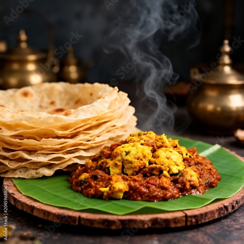 Traditional flatbread with spiced vegetable filling on a green leaf plate