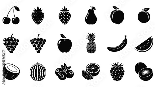 Collection Of Fruit Silhouettes In Black And White Flat Vector Illustration Silhouette