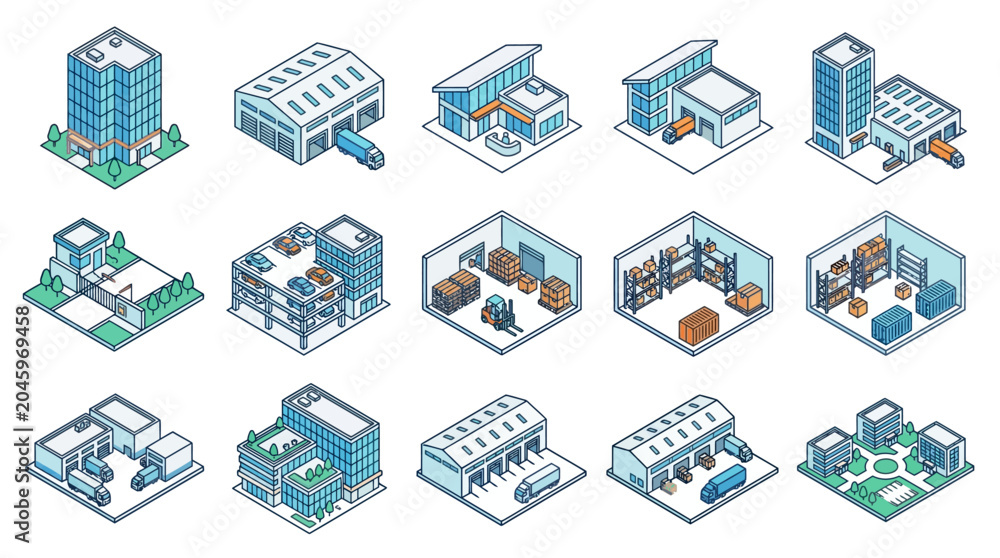 Fototapeta premium Isometric office buildings and interiors.