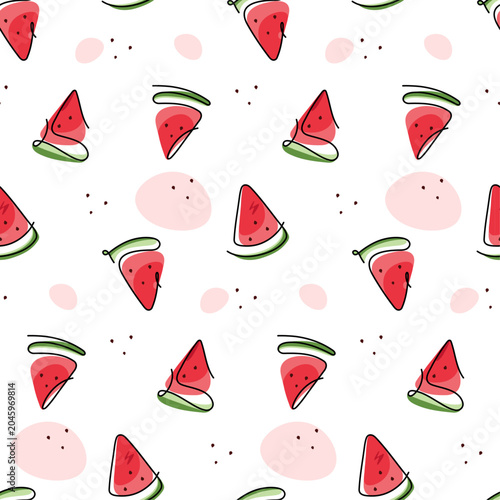 Seamless watermelon pattern. Vector chunks of watermelon drawn by hand with red and green color accents. Perfect for packaging, wallpaper and fabrics