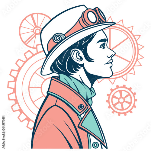 Whimsical Steampunk Enthusiast Vector Illustration with Vibrant Coral, Mint Green, and Dark Blue Accents - Flat Aesthetic