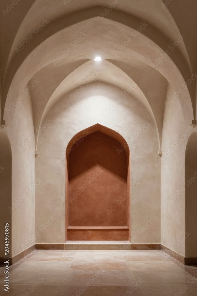 Obraz premium Minimalist Islamic Mihrab Prayer Niche with Vaulted Ceiling Terracotta Plaster and Copy Space Background