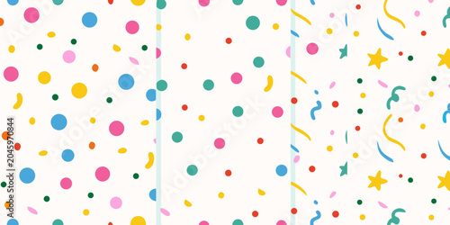 Obraz na plátně Colorful confetti pattern with scattered dots and star shapes on white