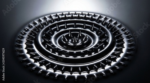 Black ferrofluid forming sharp spikes and concentric rings, influenced by magnetism. Abstract concept of technology, science, and magnetic forces.